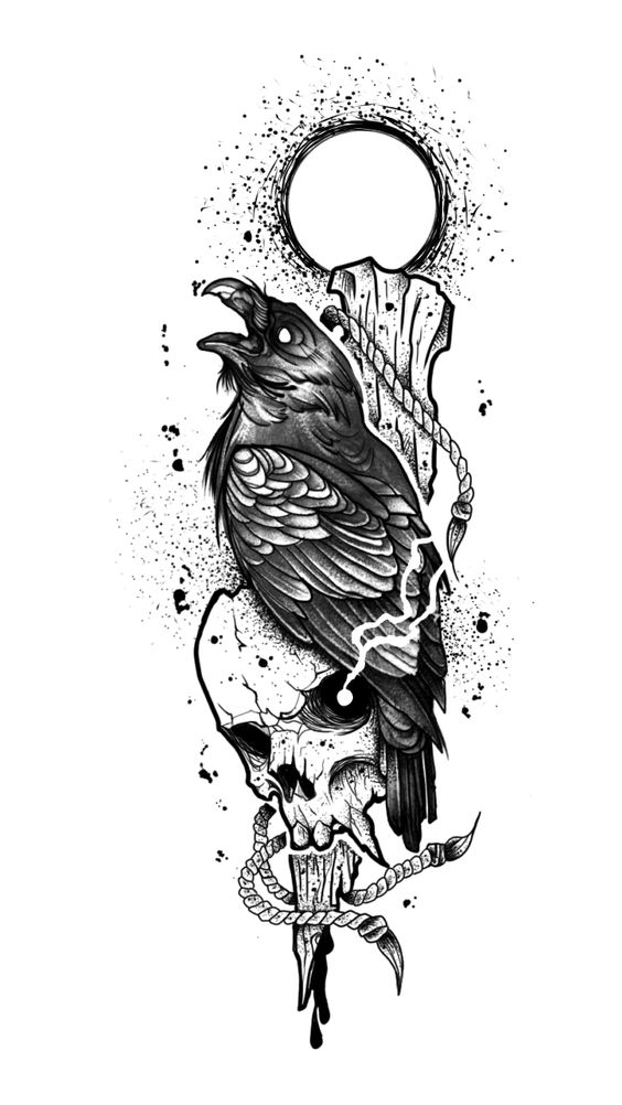 Tattoo cioara, craniu, moarte, complex, pasare 
