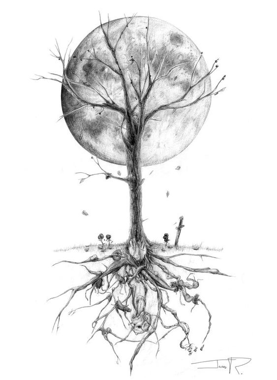 copac, luna, radacini, moarte, peisaj tree, moon,roots, death, landscape