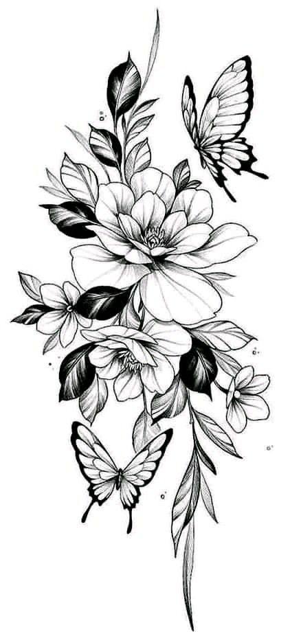Tattoo natura, floare, fluturi, petale, frunze