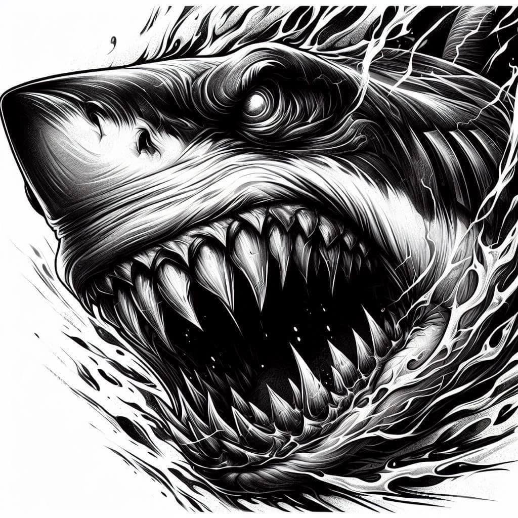 Tattoo horror, rechin, dinti, pericol, intunecat, alb-negru