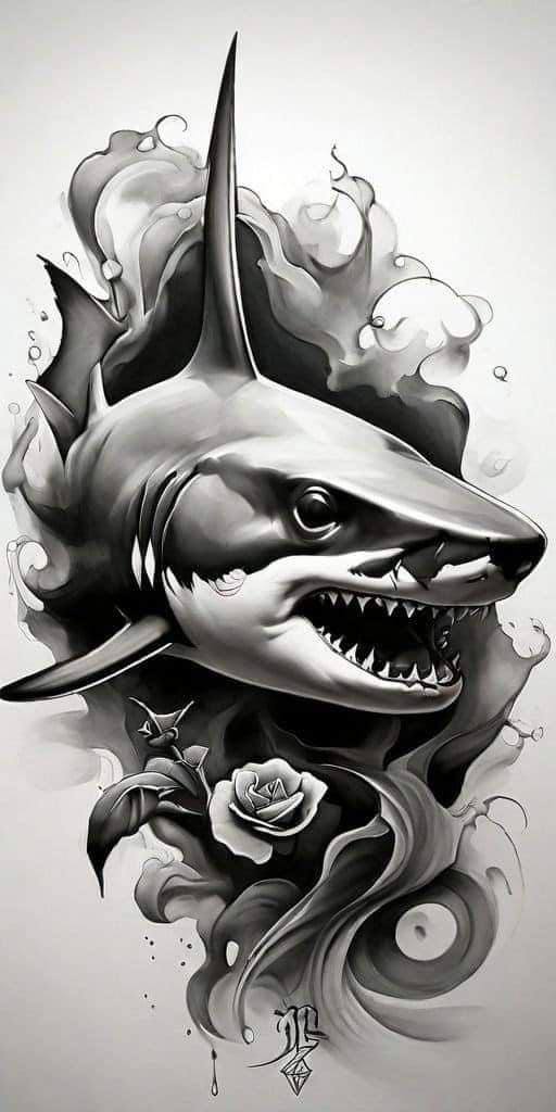 Tattoo horror, rechin, dinti, pericol, intunecat, alb-negru